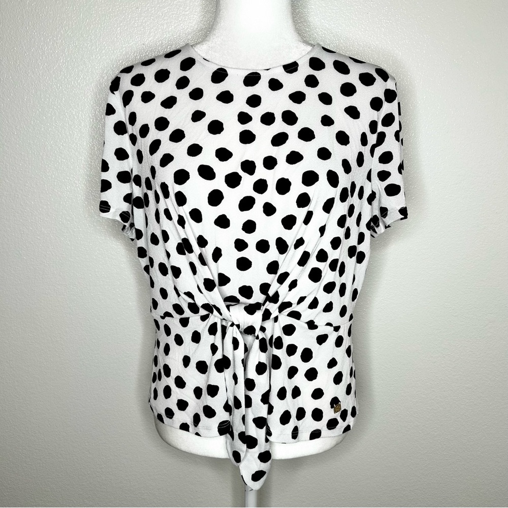 New Anne Klein Womens White Polka Dot Front Tie Short Sleeve Top Blouse Size L